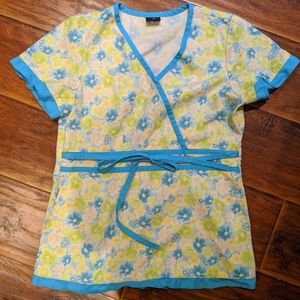 Blue floral nursing scrubs top